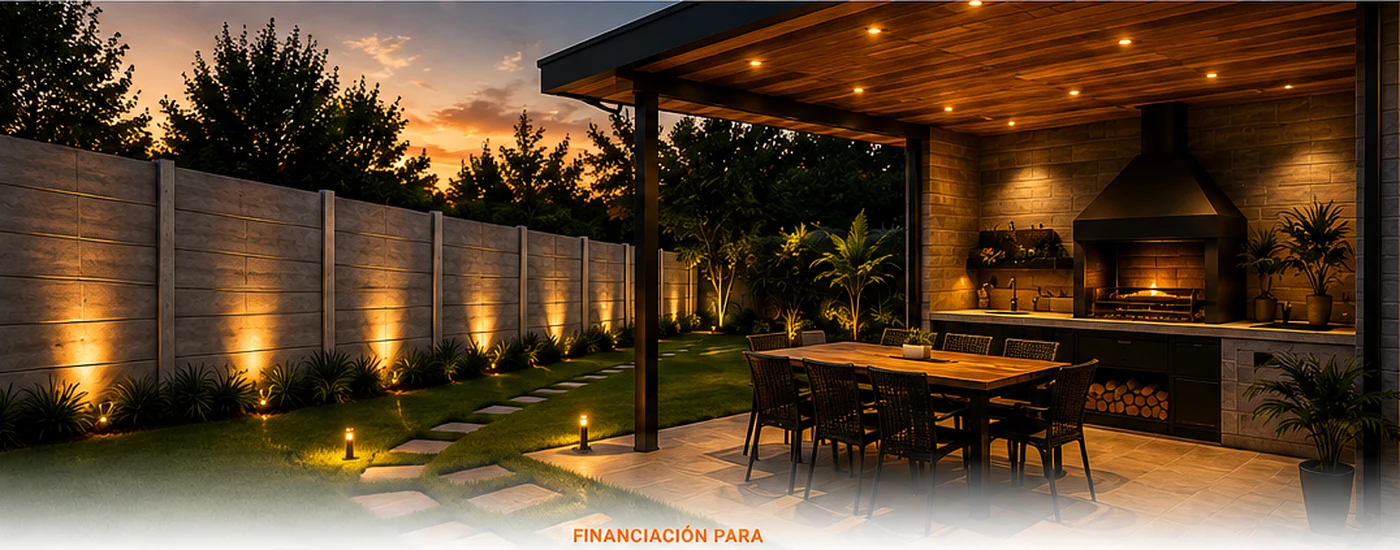 Quincho moderno con parrilla, jardín y cerco de hormigón iluminado